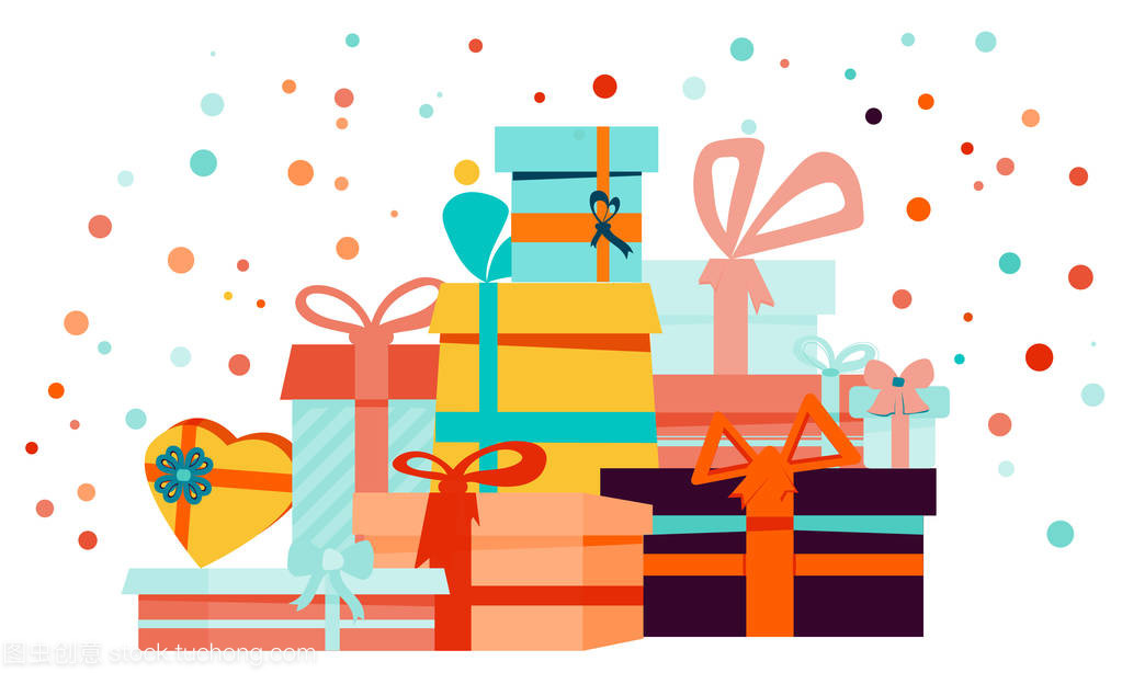 禮品盒卡通套與廣場(chǎng)、 心和圓形狀框和孤立的白色襯底上的紙屑。可以用于節(jié)日促銷(xiāo),橫幅